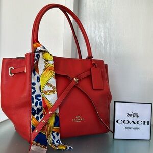 Coach Bag Orange Coral Pebbled Leather Leather Studded Turnlock Ribbon Tote Bag